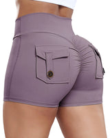 Sharp Focus Scrunch Butt Lifting Shorts for Women with Pocket V Criss Cross Waist High Waisted Booty Lift Crossover Yoga Workout Gym Shorts (Purple Small)