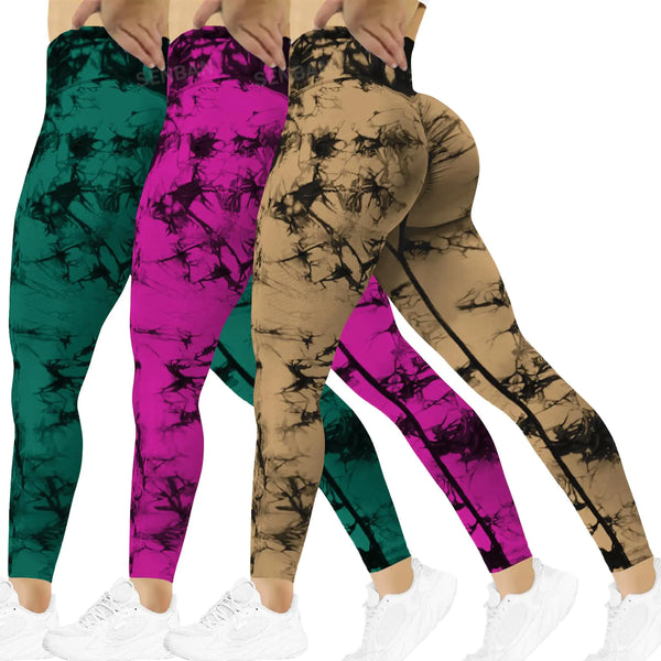 Sharp Focus Women Scrunch Workout Leggings: Butt Lifting High Waisted Yoga Pants - Tie Dye Seamless Booty 3 Pack Gym Leggings Rose Brown Green M