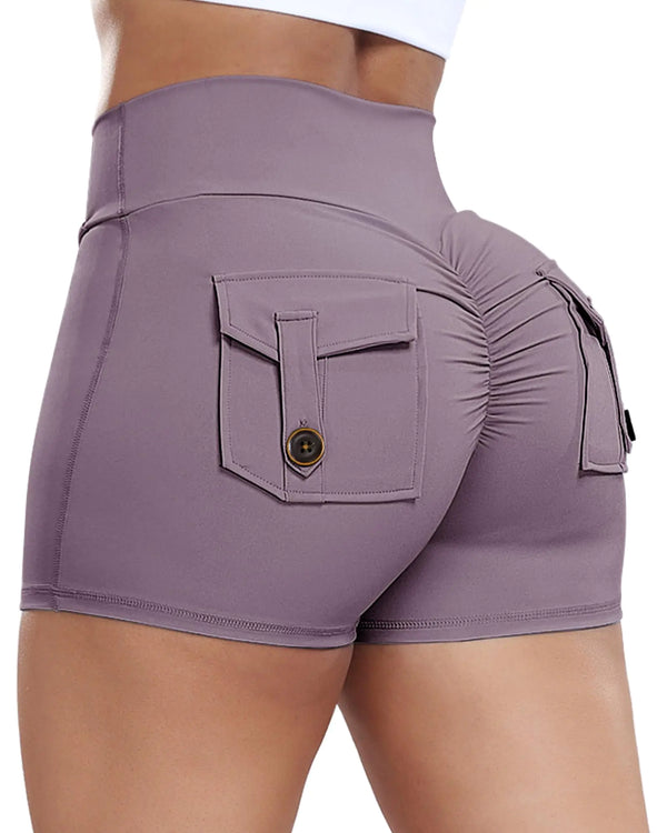 Sharp Focus Scrunch Butt Lifting Shorts for Women with Pocket V Criss Cross Waist High Waisted Booty Lift Crossover Yoga Workout Gym Shorts (Purple Small)