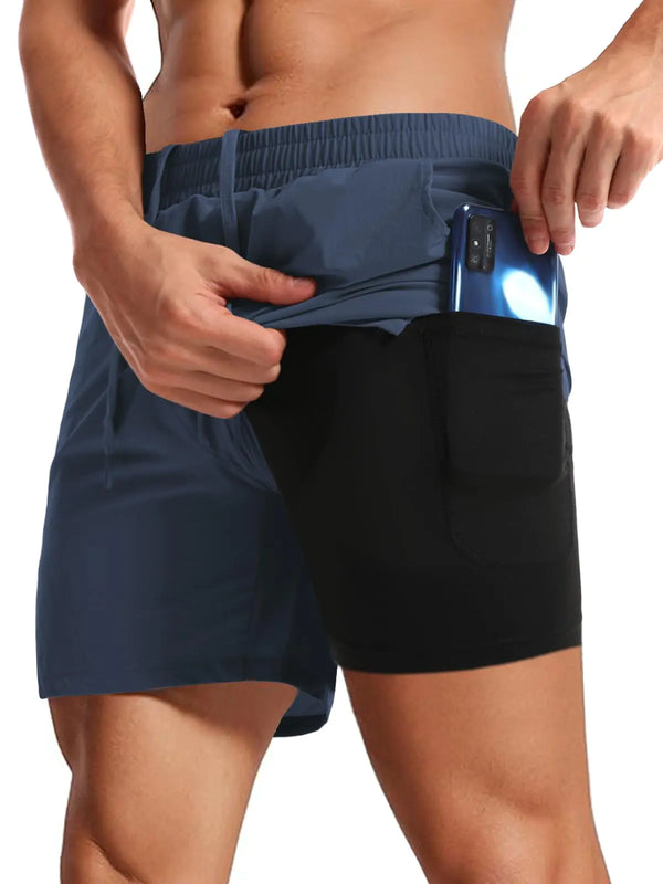 Sharp Focus Mens Workout Shorts with Liner 5 Inch Quick Dry 2 in 1 Running Shorts for Men Sports Athletic Gym Shorts with Zipper Pockets Navy Blue