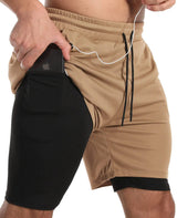 Sharp Focus Mens Running Athletic Workout Sports Mens 2 in 1 Shorts Breathable Gym Short for Men with Pocket Khaki Black XX-Large
