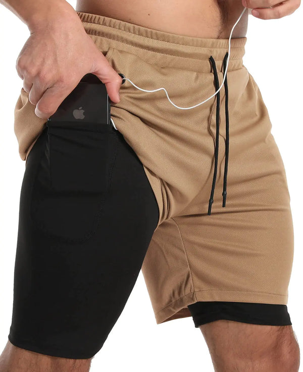 Sharp Focus Mens Running Athletic Workout Sports Mens 2 in 1 Shorts Breathable Gym Short for Men with Pocket Khaki Black XX-Large