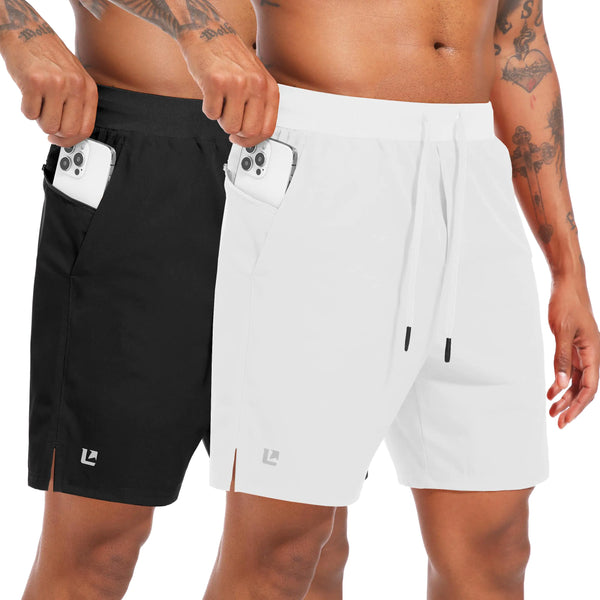Sharp Focus 2 Pack Mens Running Shorts with Zipper Pockets 7 Inch Lightweight Quick Dry Gym Athletic Workout Shorts for Men Black/White XXL