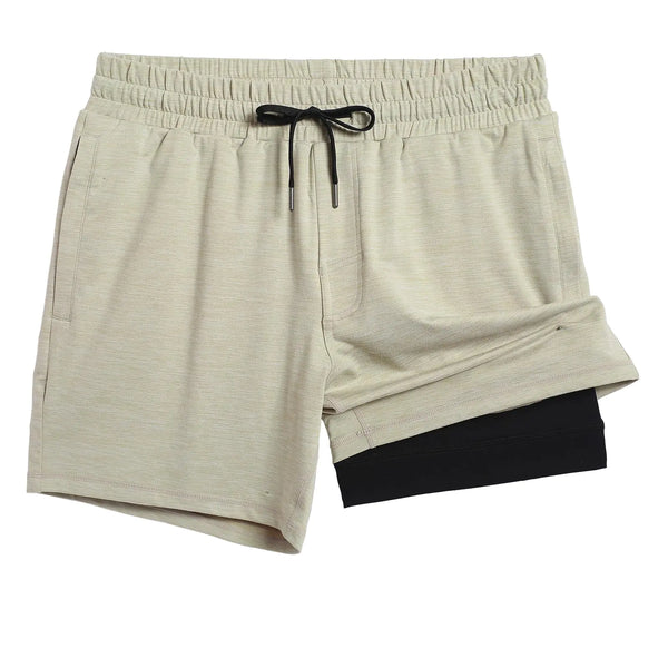 Sharp Focus Mens 2 in 1 Running Shorts 5" Gym Short with Zip Pockets Quick Dry Workout Athletic Shorts for Men Khaki X-Small