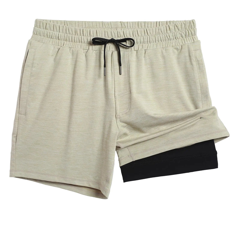 Sharp Focus Mens 2 in 1 Running Shorts 5" Gym Short with Zip Pockets Quick Dry Workout Athletic Shorts for Men Khaki X-Small