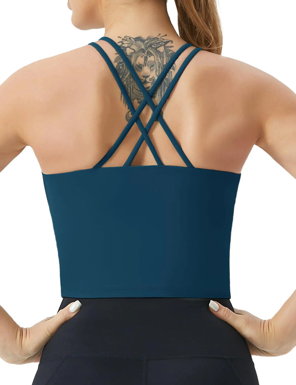 Sharp Focus Womens Cross Back Sports Bra Halter Neck Workout Crop Tank Tops with Removable Pads Dark Blue Green