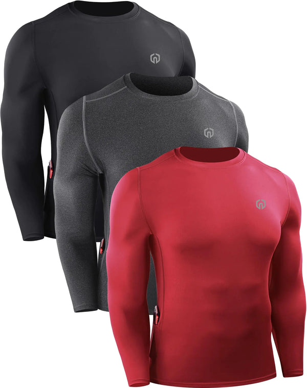 Sharp Focus Mens Athletic Compression Shirt 3 Pack Long Sleeve Running Shirts with Pocket5023Black/Grey/Red2XL