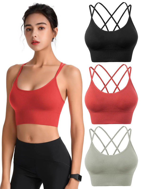 Sharp Focus Padded Sports Bras for Women Strappy Cross Back Yoga Bras Pack for Workout Fitness Running Gym Low Impact Top